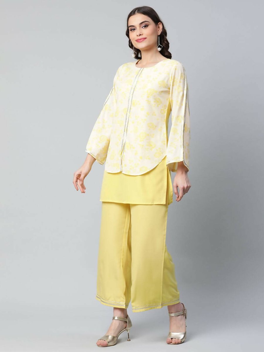 Ahalyaa Womens Yellow Crepe Printed Top Palazzo Set