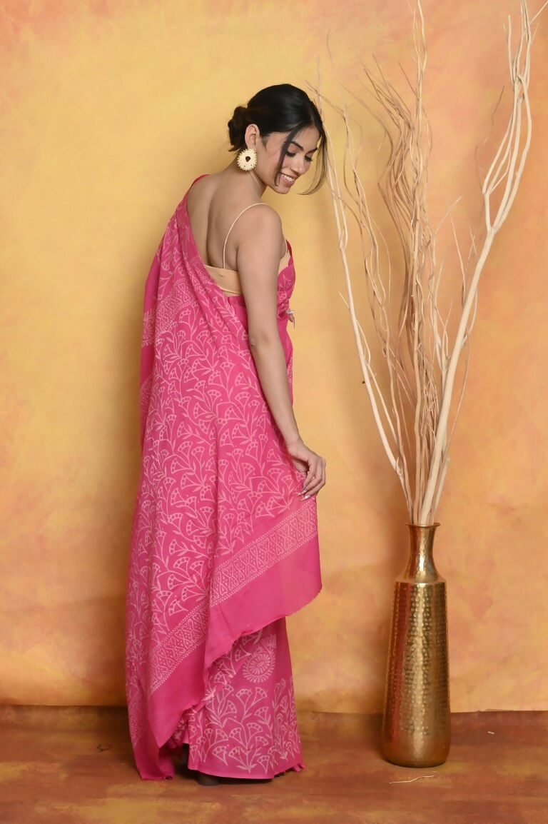 Very Much Indian Handblock Printed Cotton Saree With Natural Dyes - Pink
