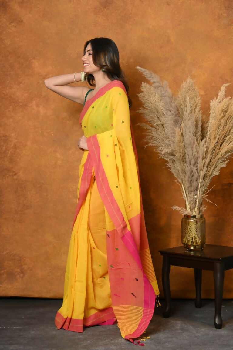 Very Much Indian Handloom Pure Cotton Saree With Sleek Border - Yellow