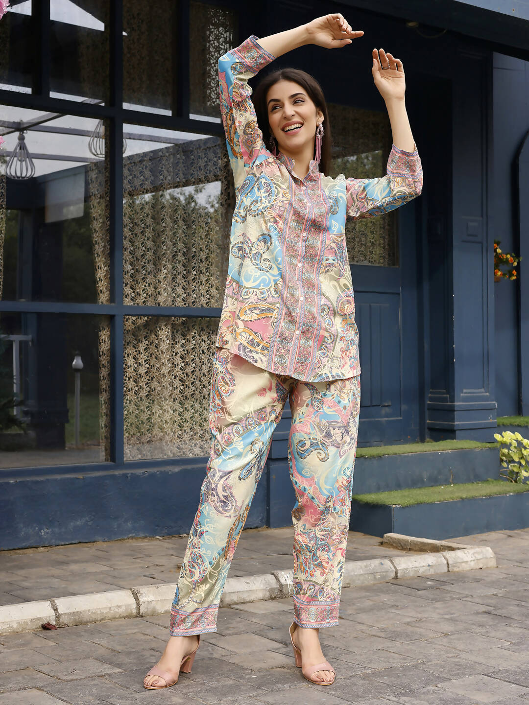 Beige & Pink Rayon Paisley Printed Top with Matching Bottom - Eesha