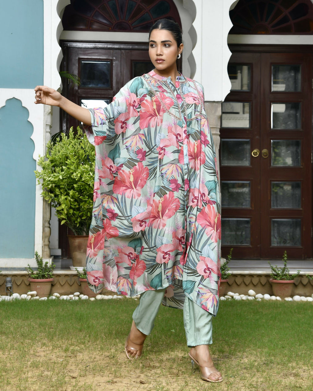 Vaasva Women's Aqua Musline Viscose Digital Printed Kaftan Pant Set