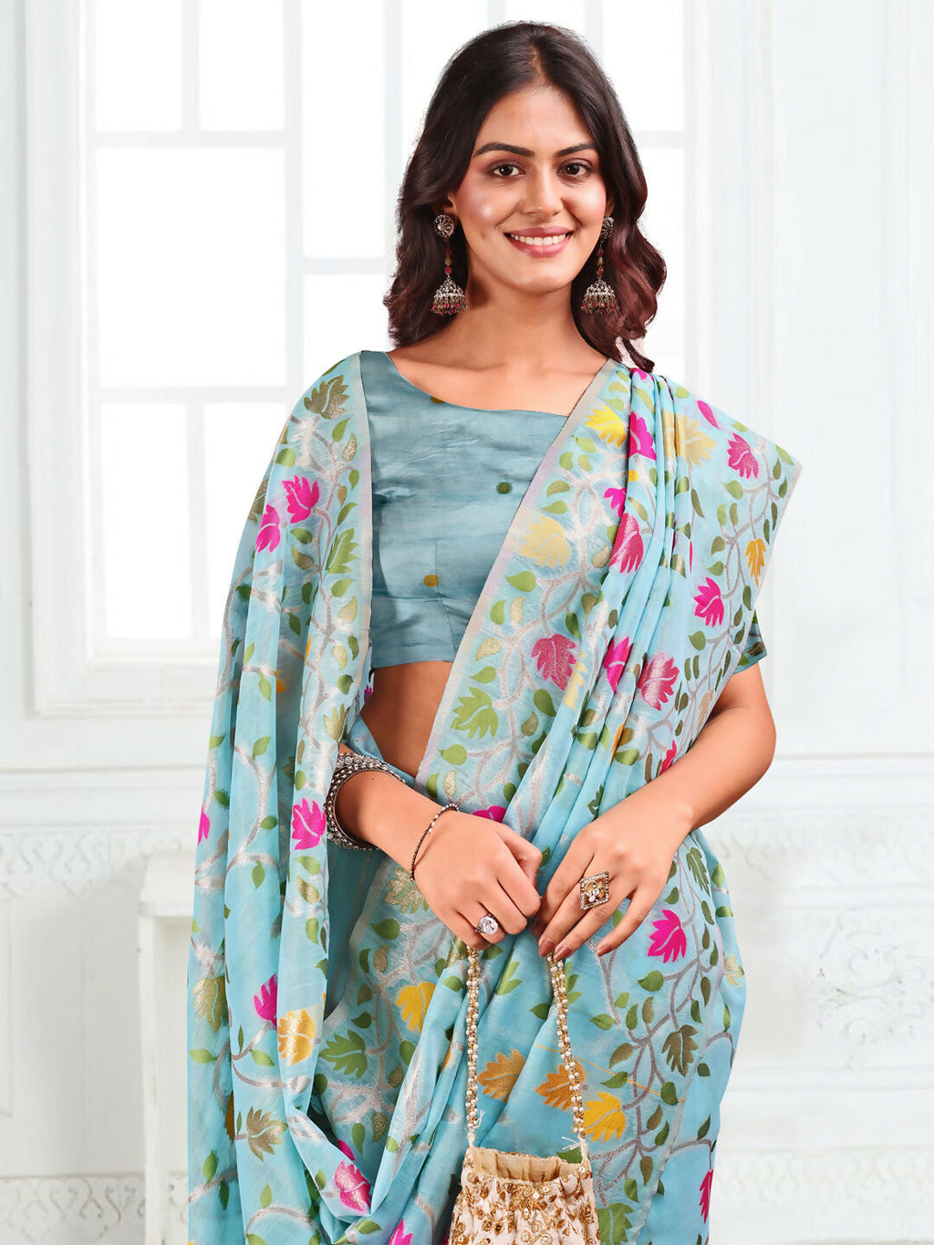Shree Shyam Fashion Linen Cotton Sky Blue Saree