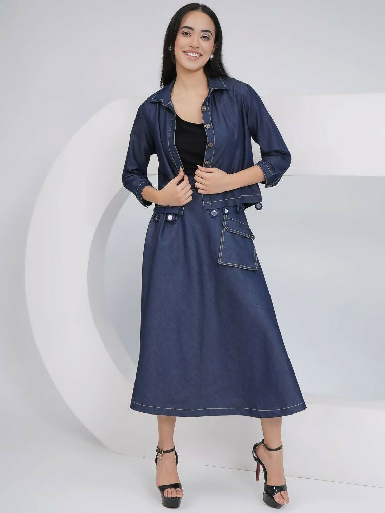 Joban Fashion Black Cotton Denim A Line Skirt With Inner And Jacket