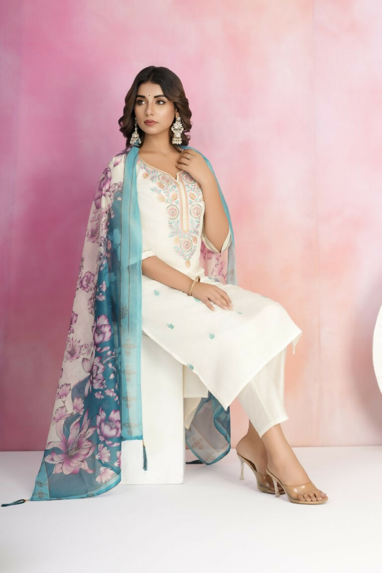 Ethnic Festive Wear Viscose Chanderi Off White Stitched Suit With Dupatta - Tanisha