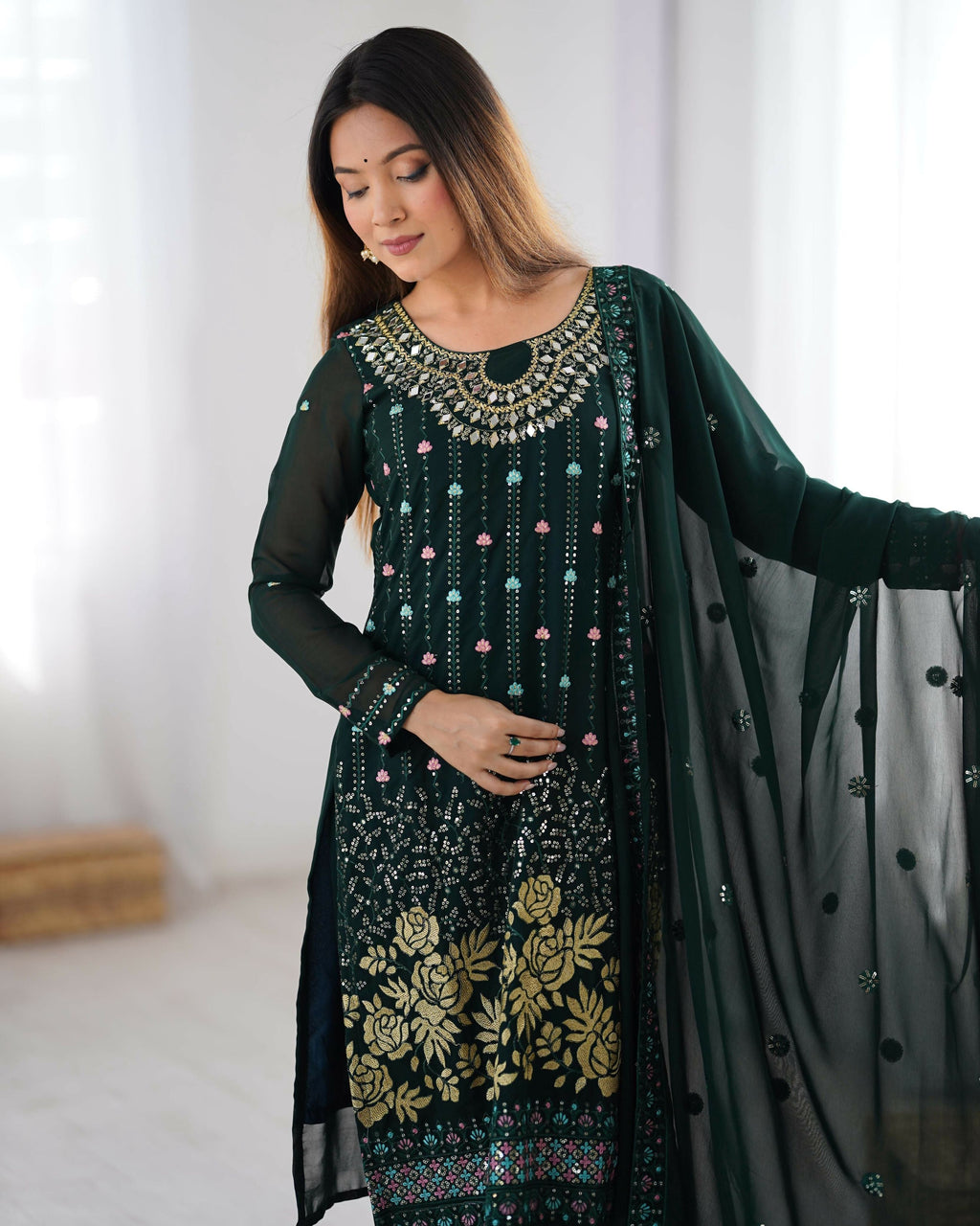 Joban Fashion Dark Green Kurta set with Pant Georgette Thread with Sequins work