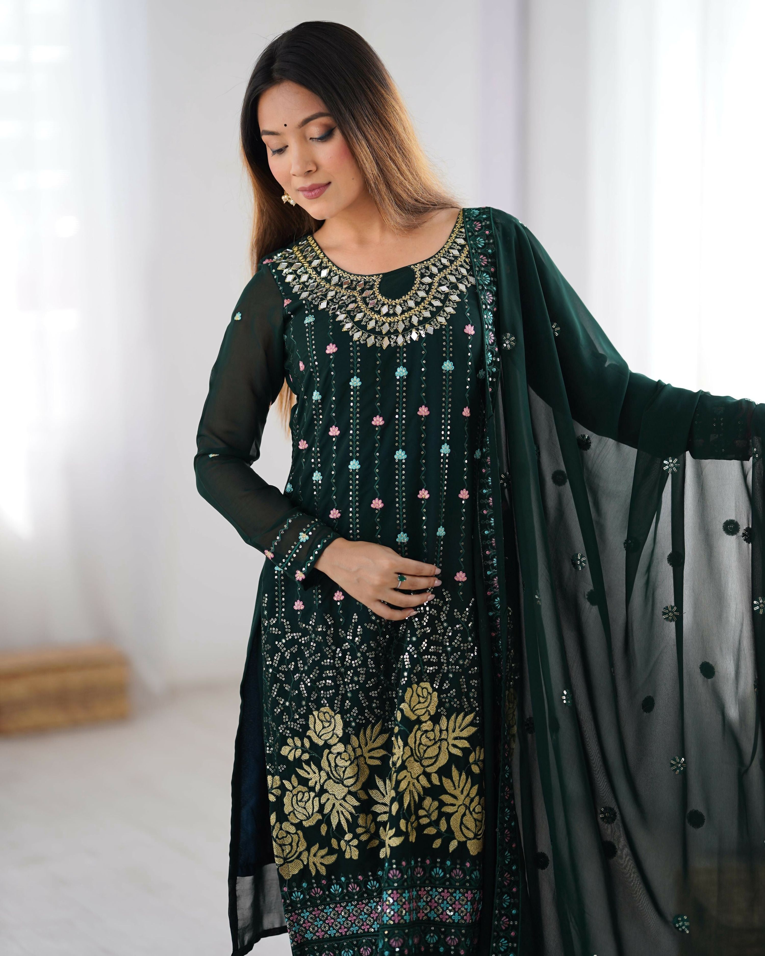 Joban Fashion Dark Green Kurta set with Pant Georgette Thread with Sequins work