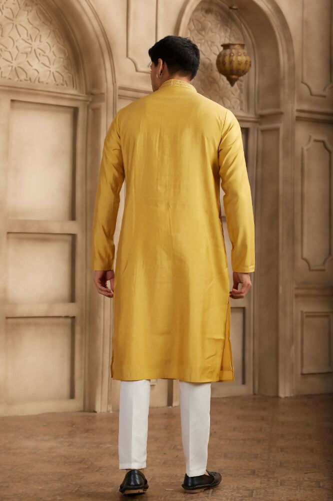 Raivat Ethnic Banarasi Art Silk Mirror Work Kurta Pajama In Rust Colour