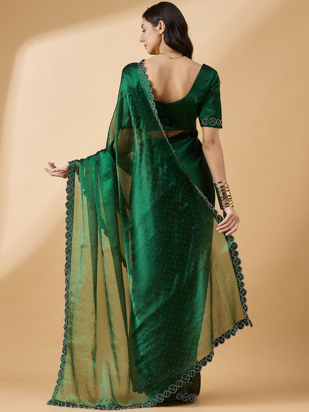 Green Organza Swaroski Diamond Work Saree with Unstitched Blouse - Radha