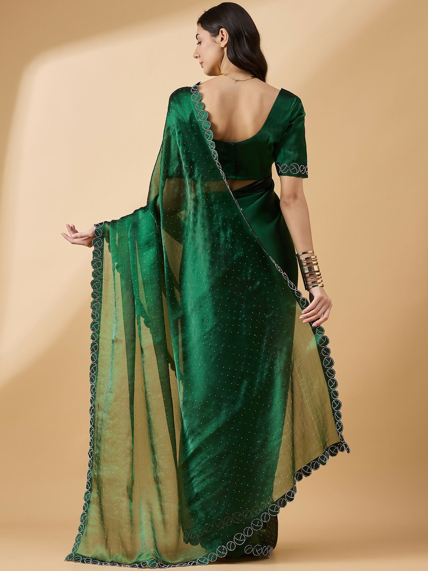Green Organza Swaroski Diamond Work Saree with Unstitched Blouse - Radha