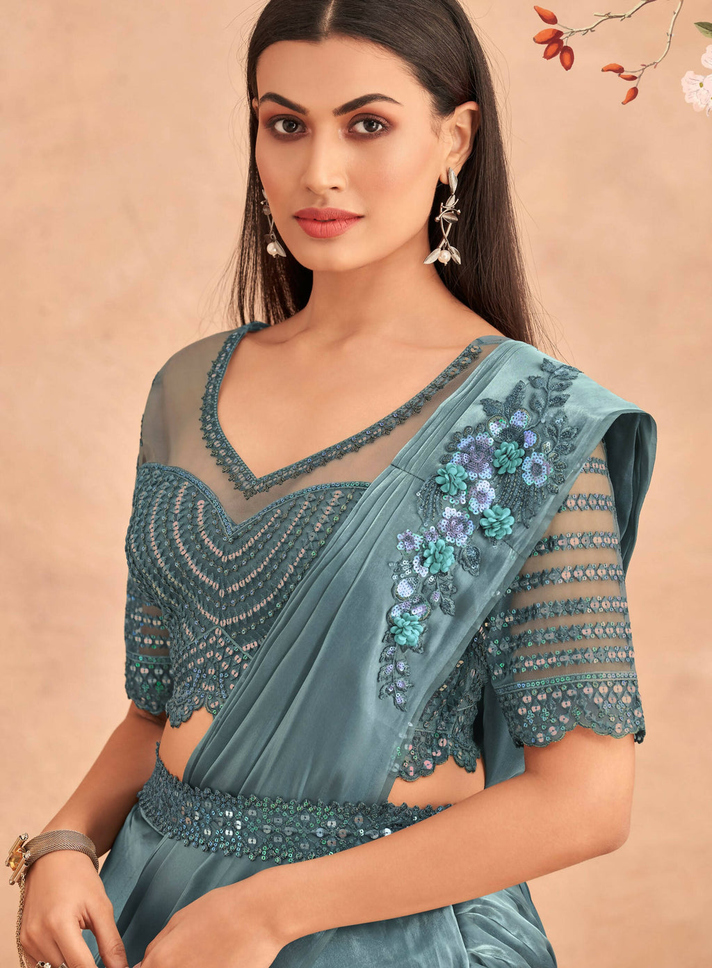 Blue Satin Embroidered Ready To Wear Saree With Unstitched Blouse Piece - Nandika