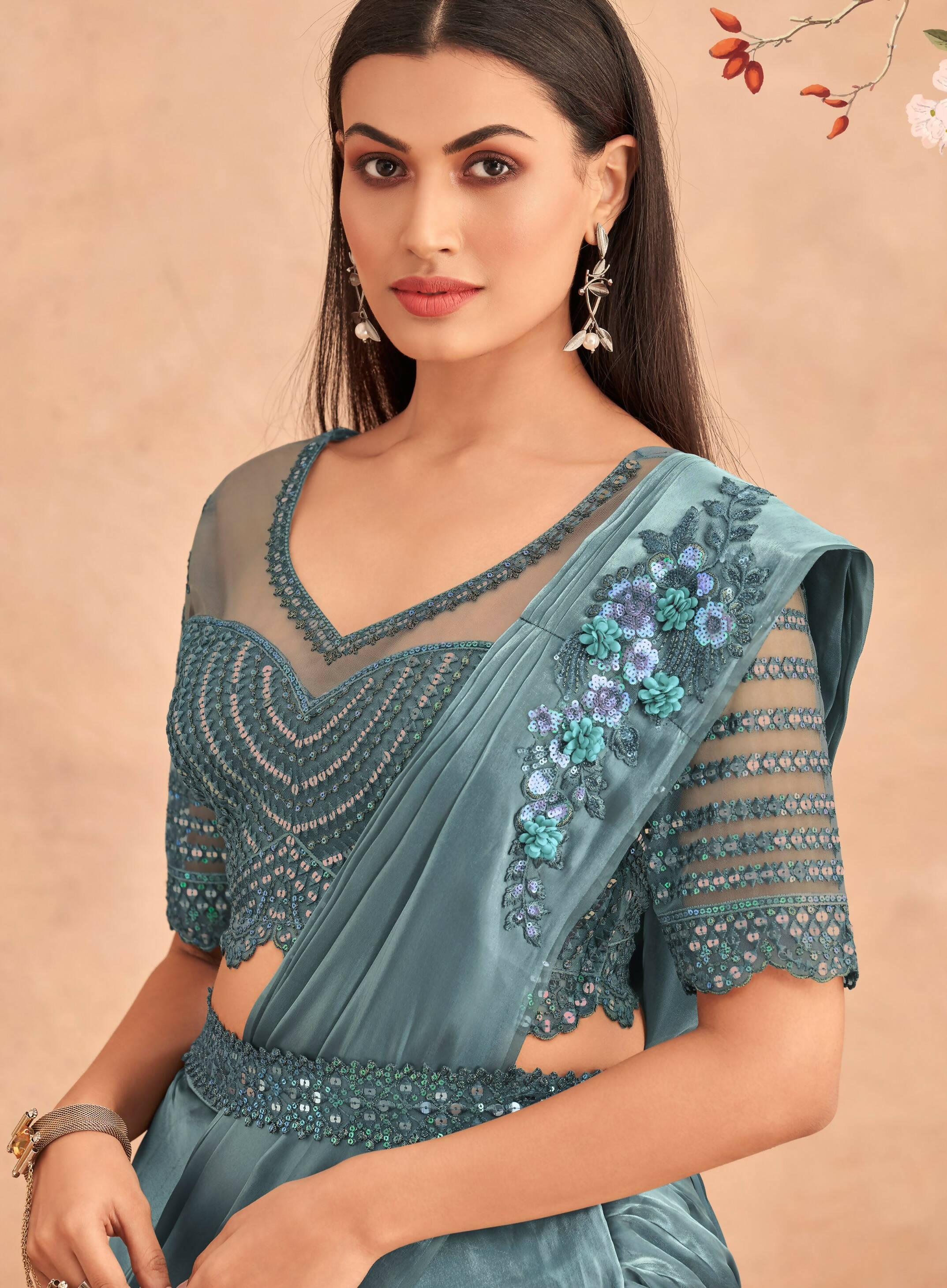 Blue Satin Embroidered Ready To Wear Saree With Unstitched Blouse Piece - Nandika