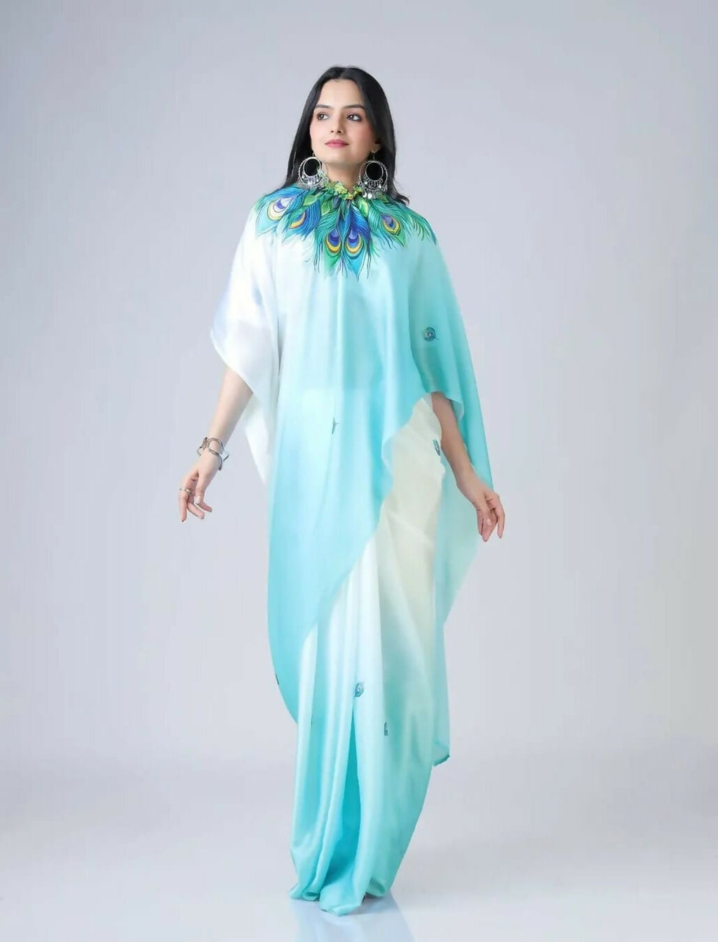 Vastranavya Sky Blue & White Ready to Wear Peacock Print Free Hand Saree