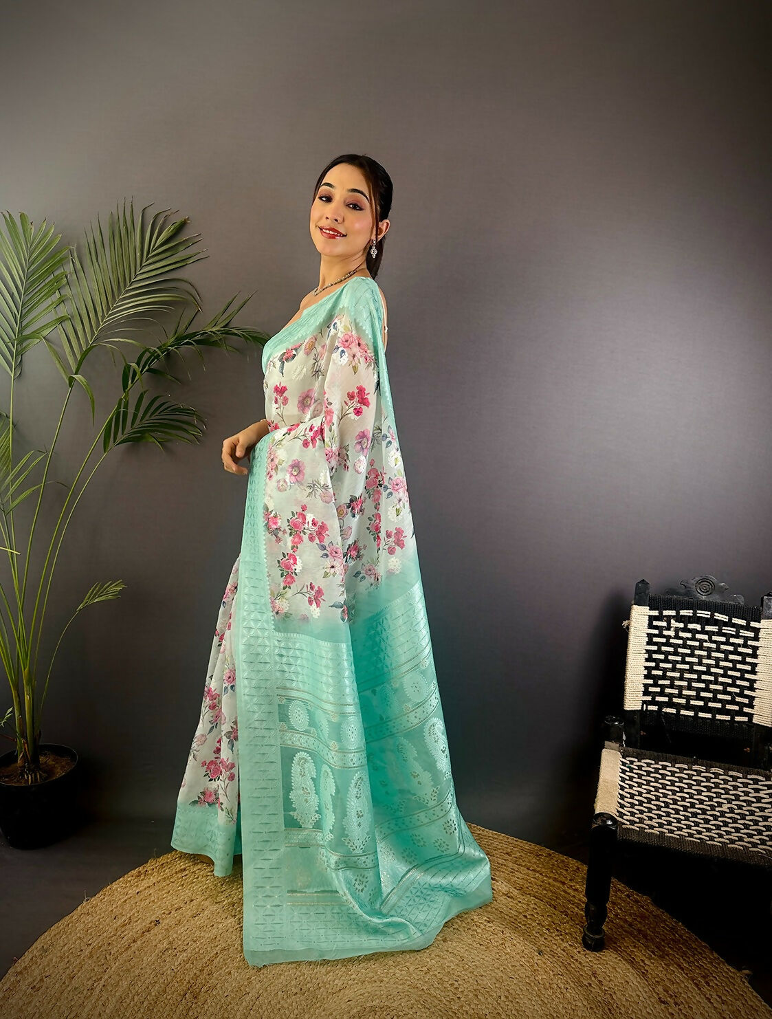 Joban Fashion Cyan Blue Floral Motifs Banarasi Silk Sarees