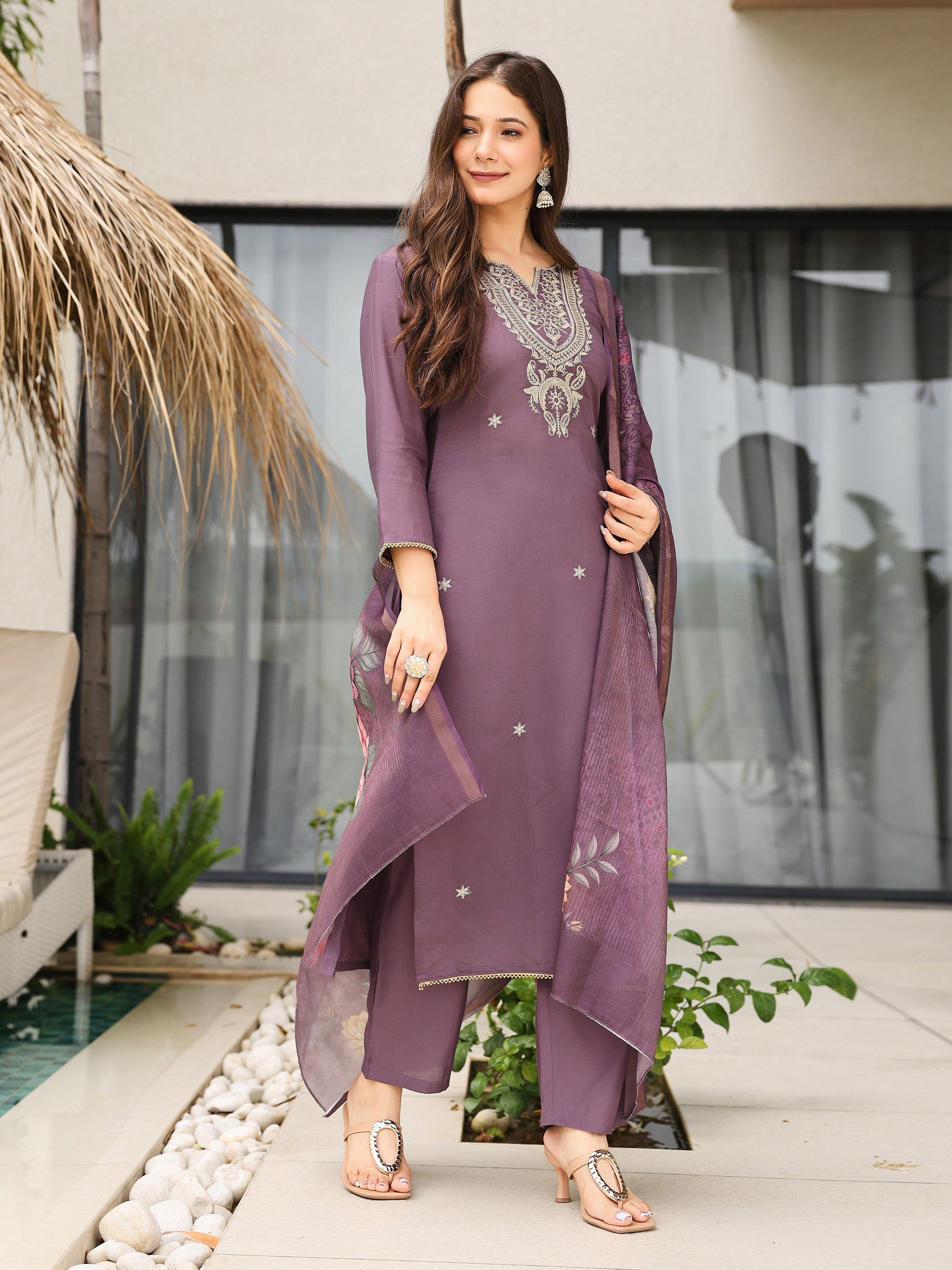The52 Women's Gorgeous Viscose Embroidery work Straight Kurta with Pant and Dupatta Set