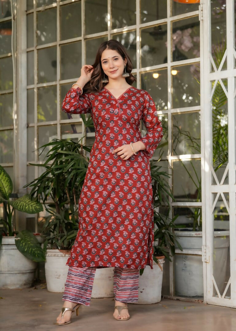 Red Pure Cotton Printed Anarkali Suit with Dupatta - Rashmika