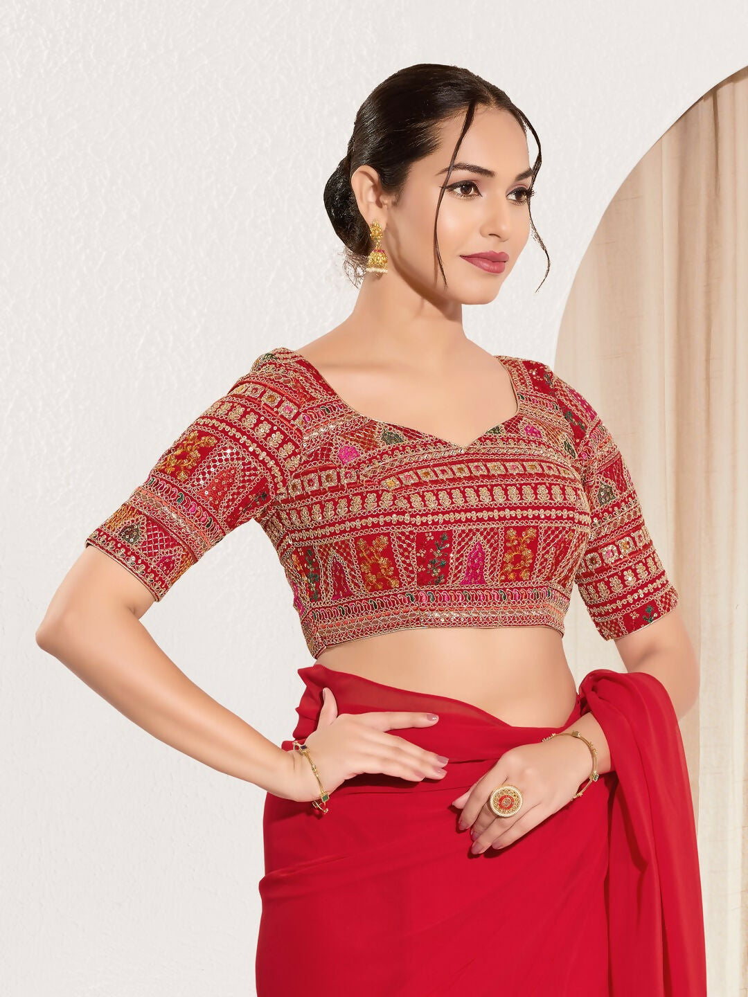 Joban Fashion Red Brocade Padded Blouse With Sweetheart Neck Elbow Sleeves
