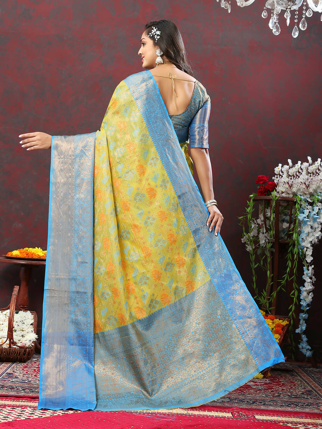 Lorenvalley Fashion Yellow Cotton Woven Design Zari Meenakari Weaving Saree