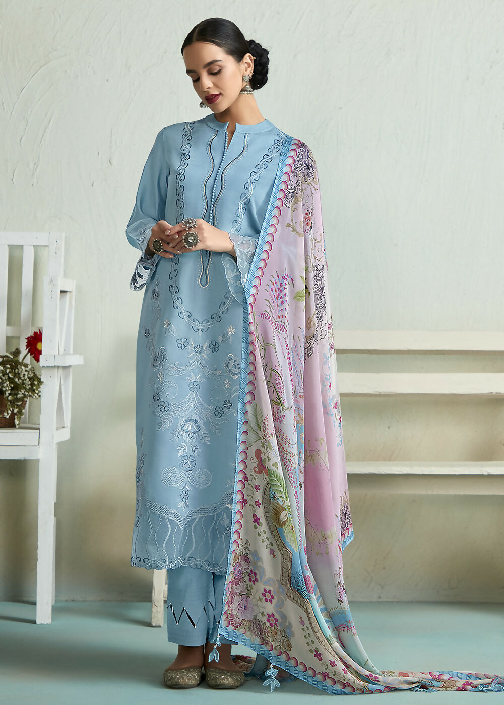 Powder Blue Pure Muslin Resham Embroidered Salwar Suit - Emponline