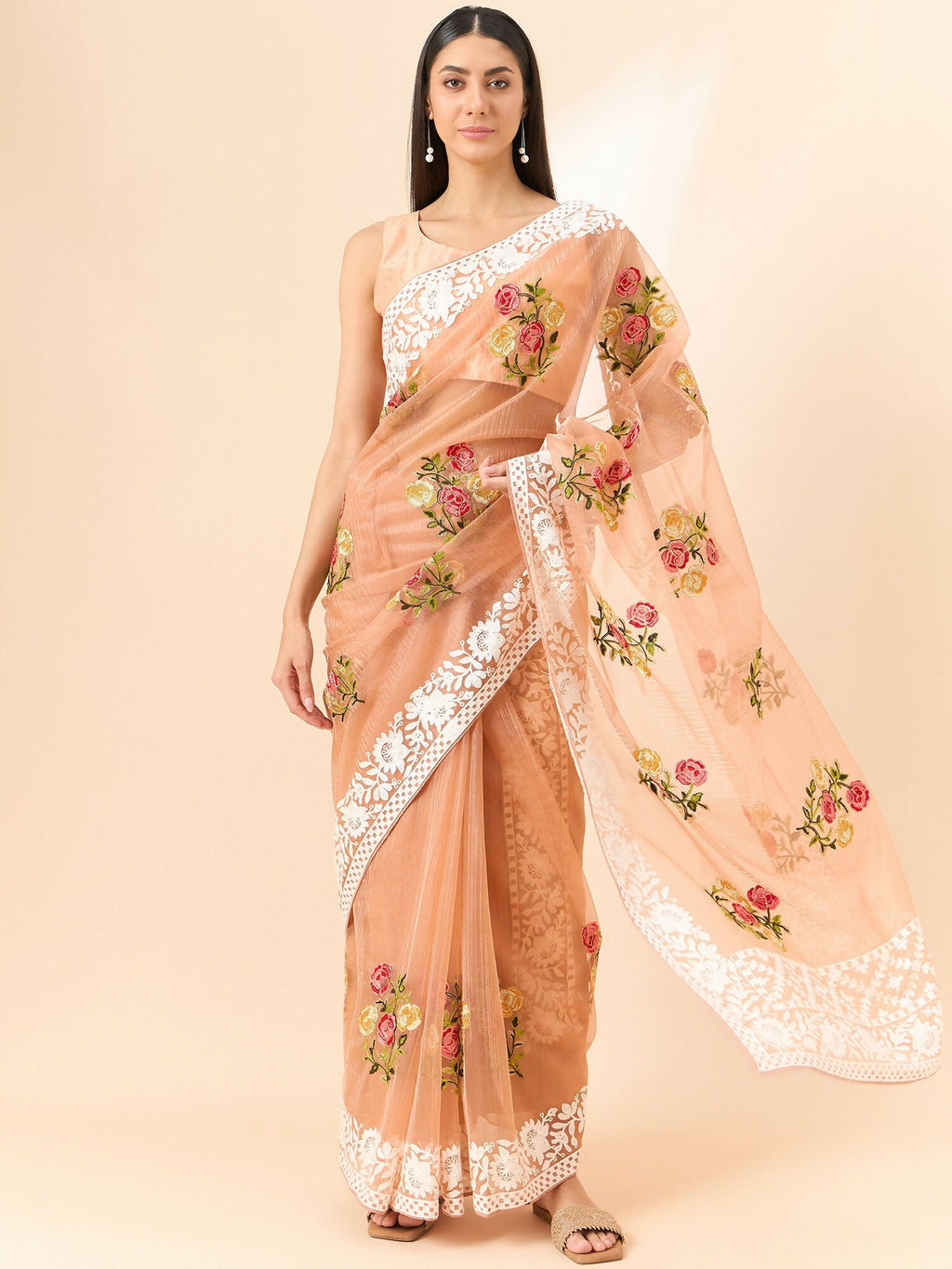 Peach Organza Floral Embroidered Saree with Unstitched Blouse Piece - Roozal