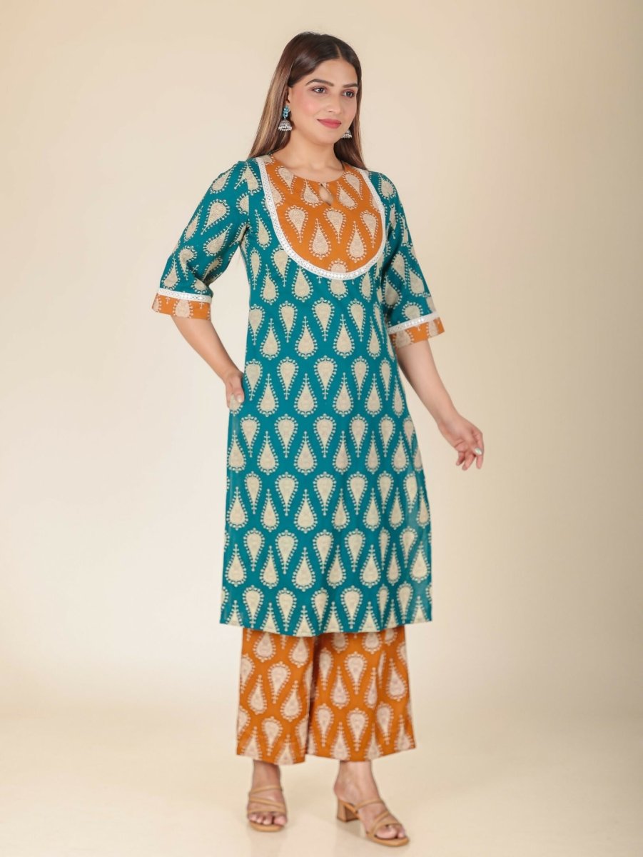 Aramya Turquoise Soft Cotton Floral Print Straight Kurta Set for Women