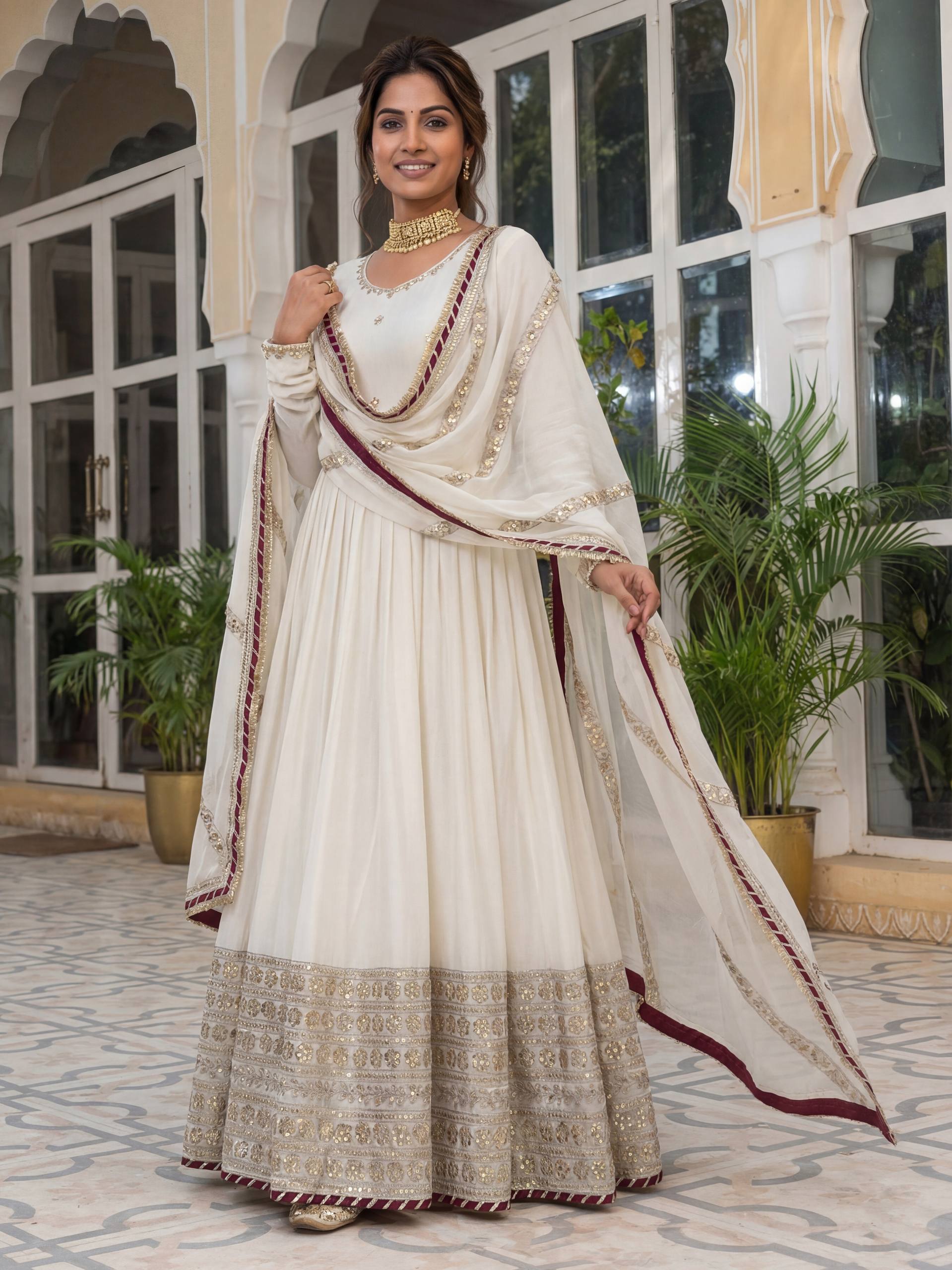 Lehenga Mart Designer Anarkali Suit Ready To Wear Kurta Pant With Dupatta For Women-White