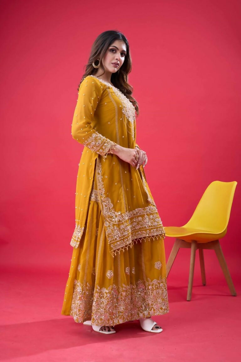 Teeya Creation Yellow Color Faux georgette Embroidery Work Sharara Set