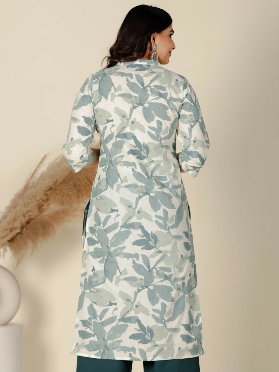Aramya Green Linen Cotton Foliage Straight Kurta for Women