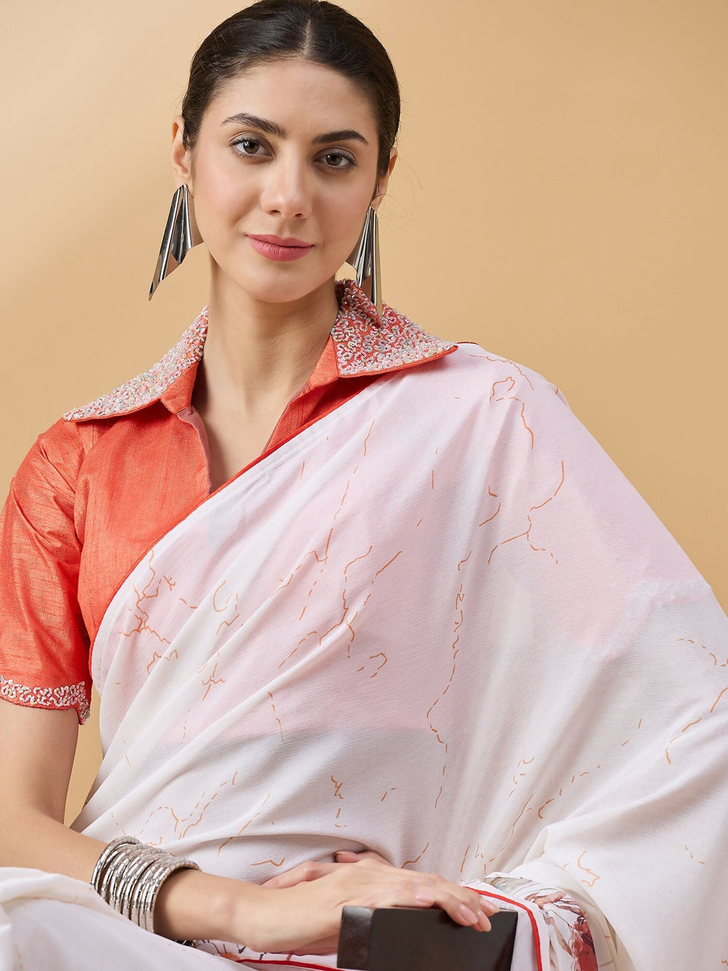 White Chiffon Floral Printed Saree with Stitched Blouse - Dharavi