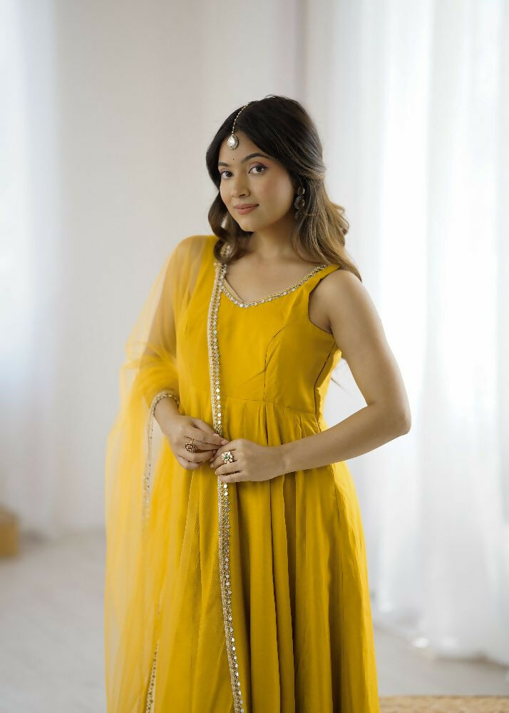 Joban Fashion Yellow Kurta Set Chanderi Sequence Embroidery Work