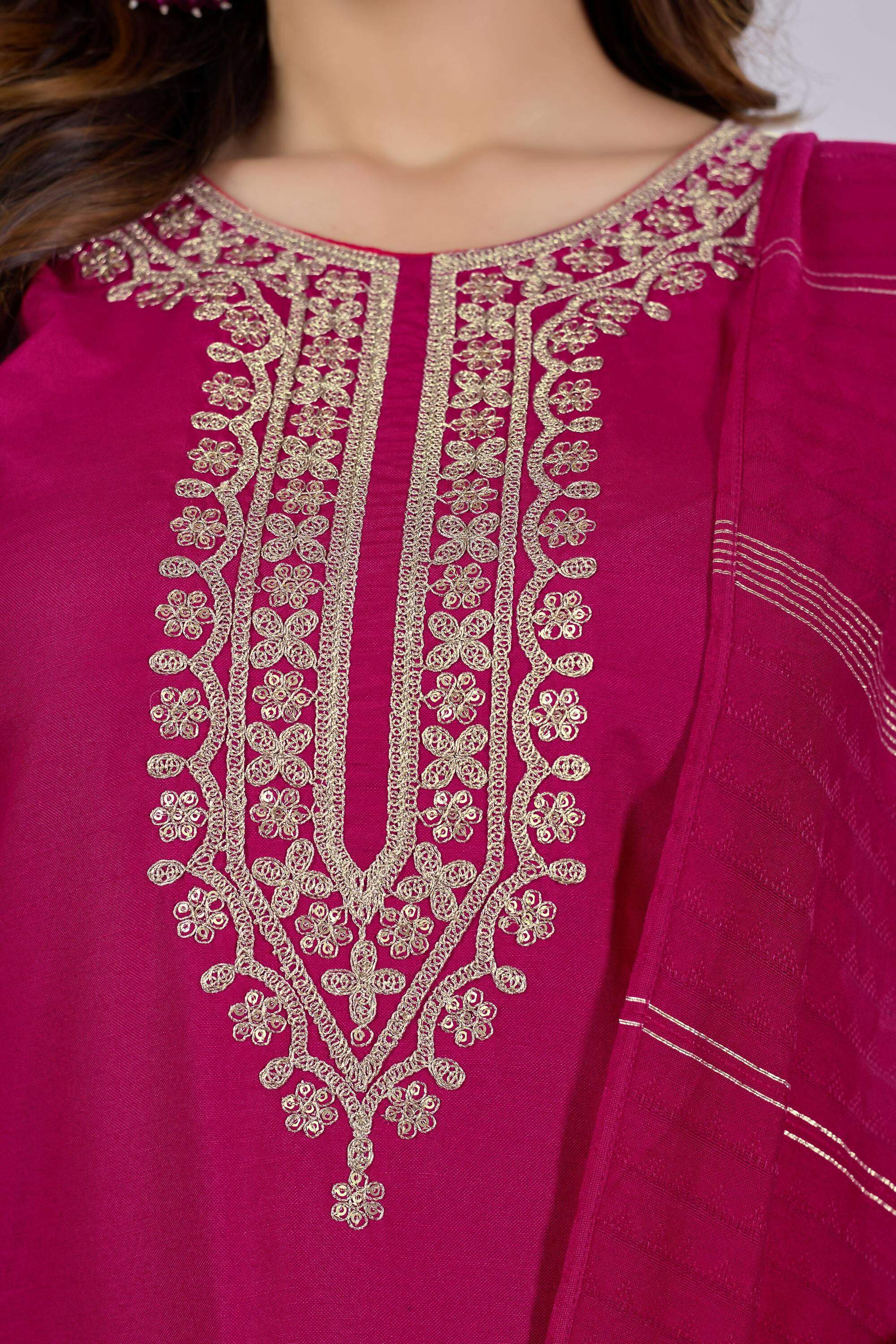 The52 Pink Women's Beautiful Embroidered Rayon Slub Fabric with Straight Kurta, Pant and Dupatta Set