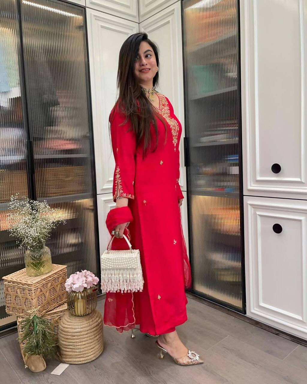 The52 Red Beautiful Embroidered Rayon Fabric Straight Kurta Pant with Dupatta Set