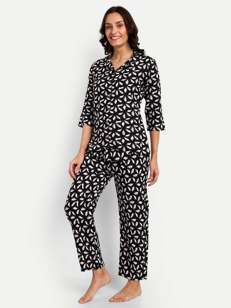 Alvano Beautiful Floral Print Co-ord set for Women's and Girls Rayon (Black)