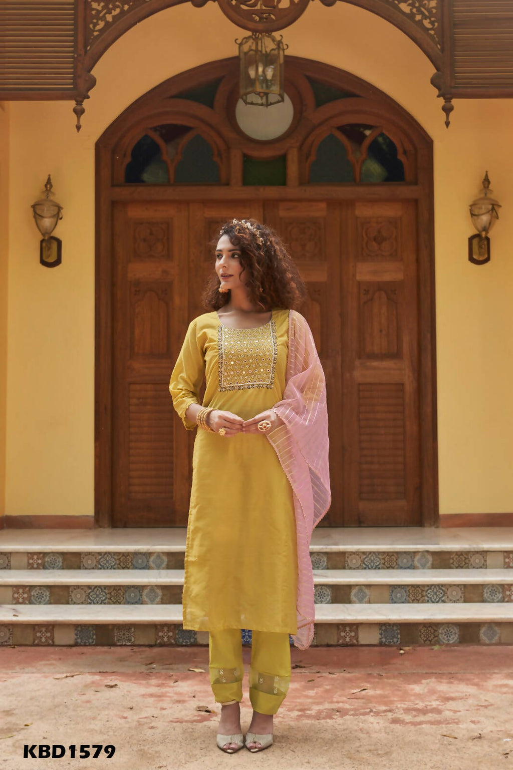 Mustard Chinon Embroidered Kurta and Bottom with Dupatta - Akashara