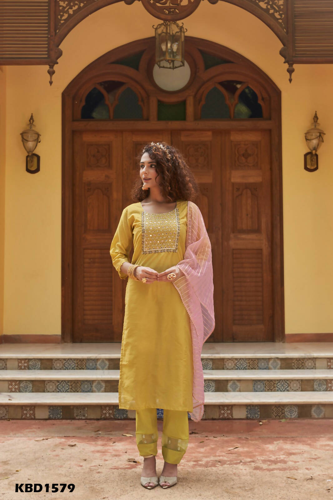Mustard Chinon Embroidered Kurta and Bottom with Dupatta - Akashara