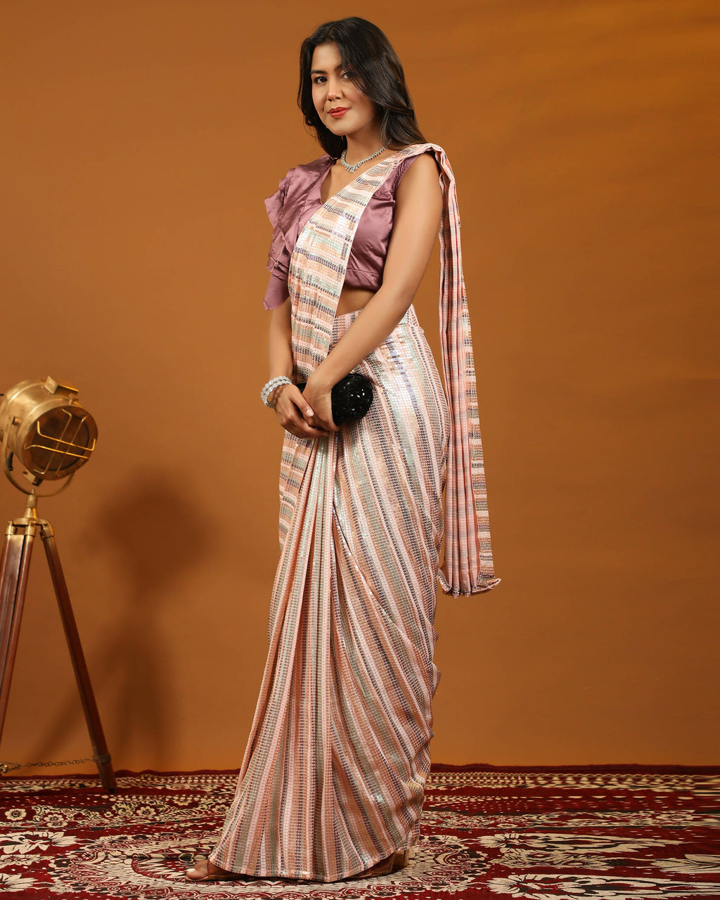 Peach Pure Georgette Sequence work Ready to wear Saree with stitched Blouse - Satiksha