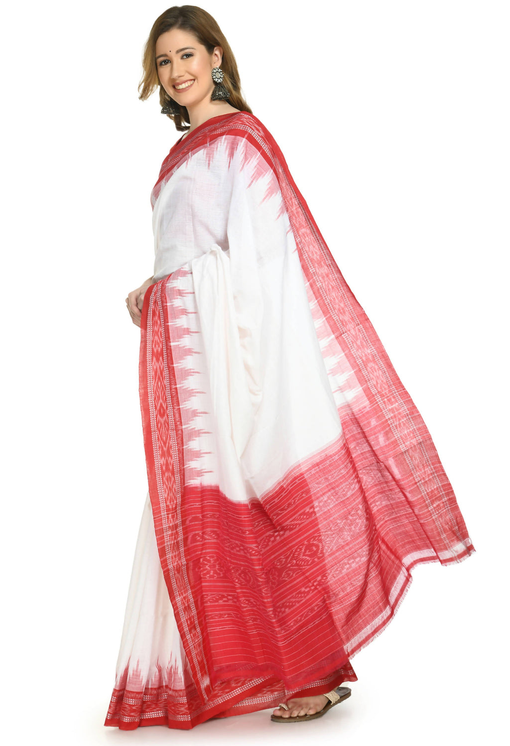 Vamika Sambalpuri Ikat Cotton Plane Kumbha White & Red Saree