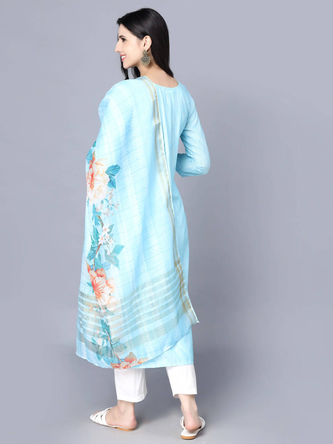 Myshka Women Turquoise Blue Panelled Pure Cotton Kurta with Trousers With Dupatta