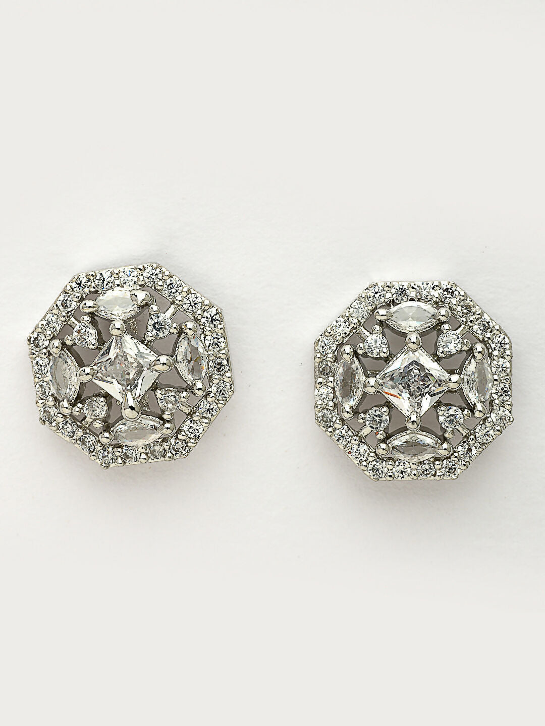 NVR Women's Silver-Plated AD- Studded Circular Shaped Studs Earring