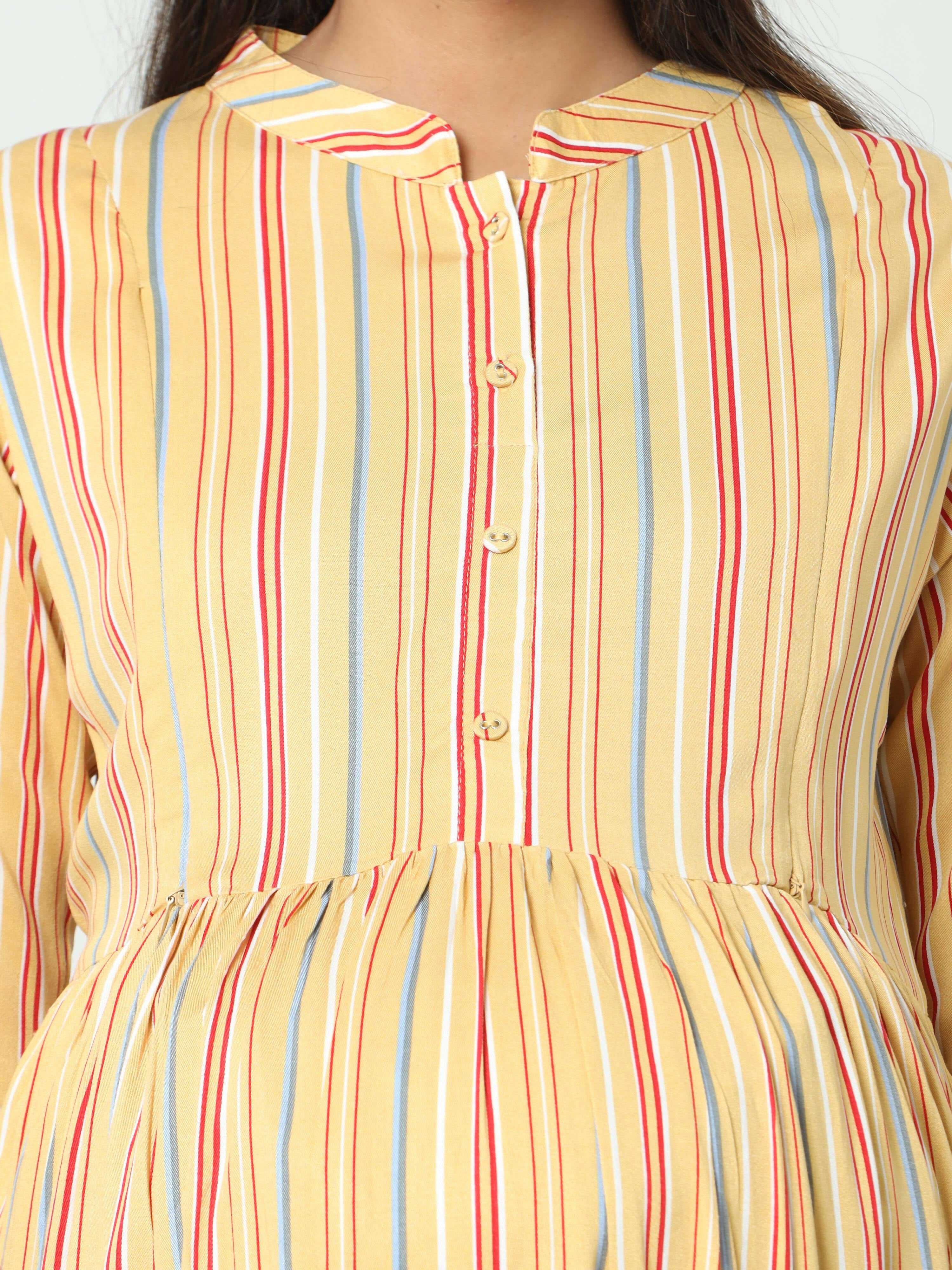 Manet Three Fourth Maternity Dress Striped With Concealed Zipper Nursing Access - Yellow
