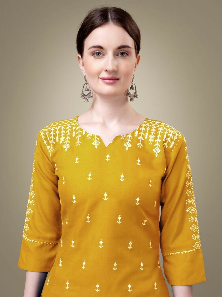 Jyoti Fashion Women's Yellow Cotton Blend Embroidery & Sequence work Kurta with Trouser & Dupatta