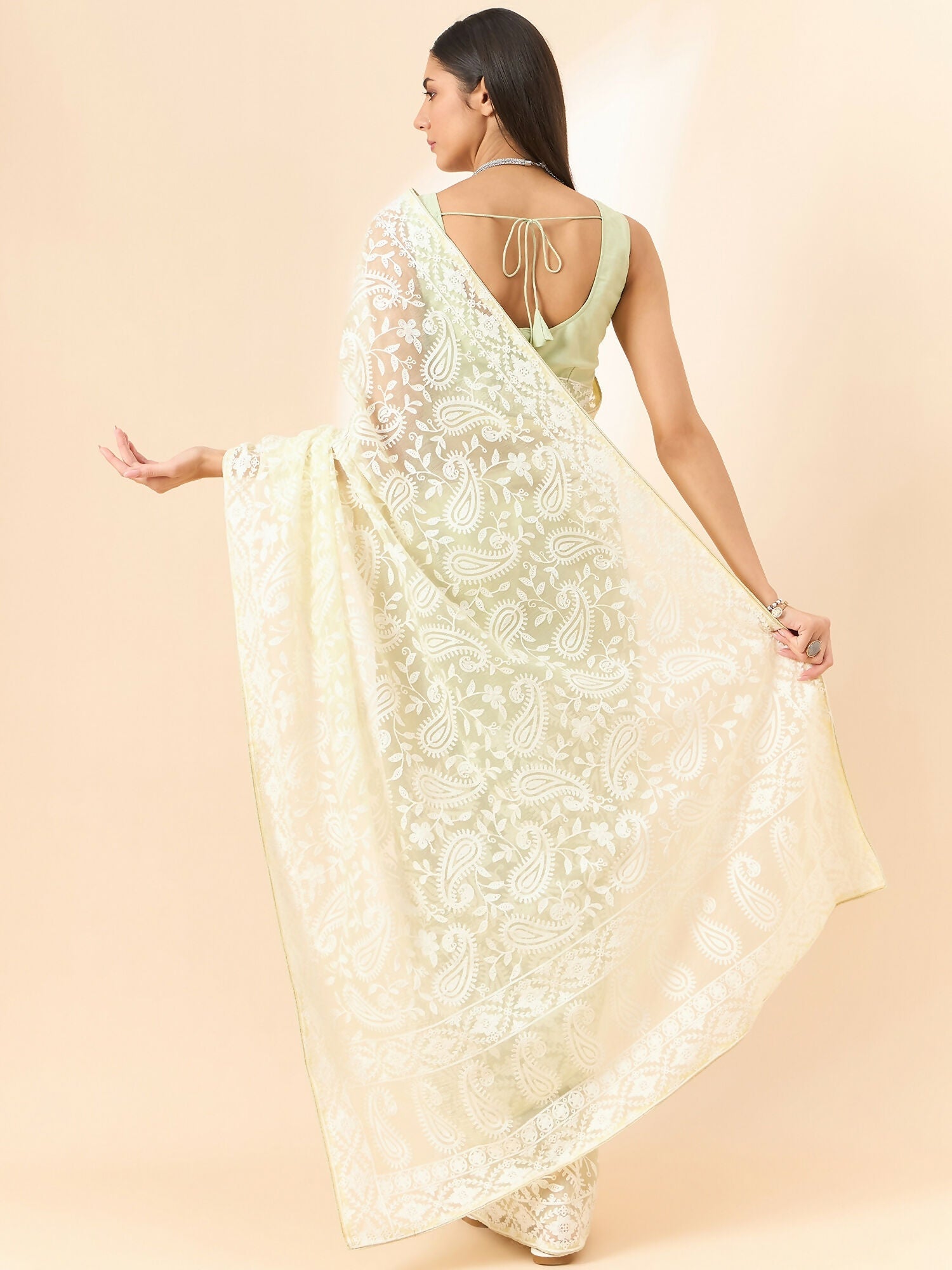 Yellow Organza Paisely Embroidered Saree with Unstitched Blouse Piece - Roozal