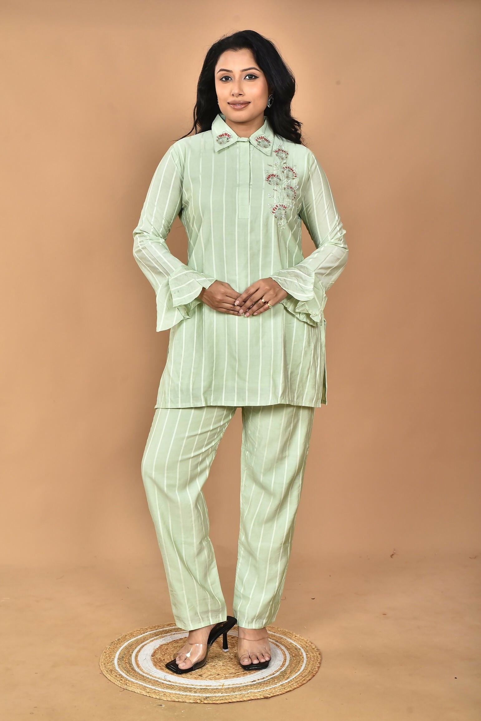 Morchari Women And Hand Embroidery Co-Ords-Green