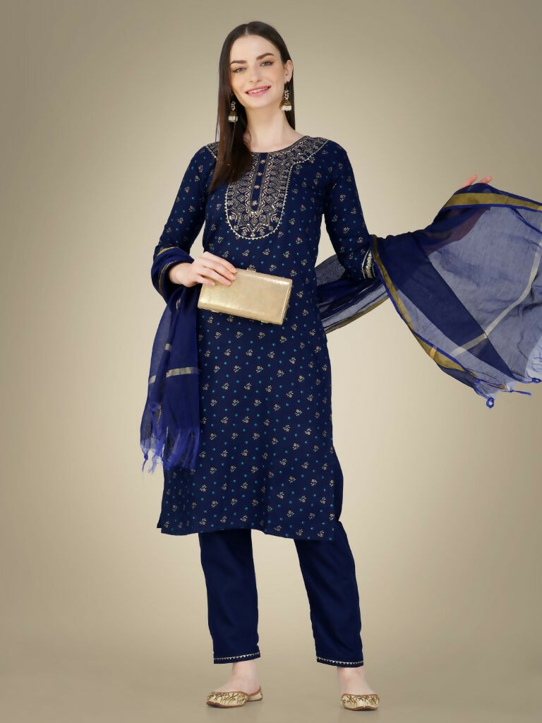 Jyoti Fashion Women's Navy Blue Cotton Magic Slub Embroidery & Sequence work Kurta with Trouser & Dupatta