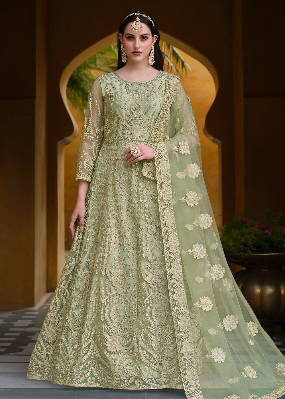 Pista Green Pure Butterfly Net Wedding Wear Anarkali Suit - Emponline