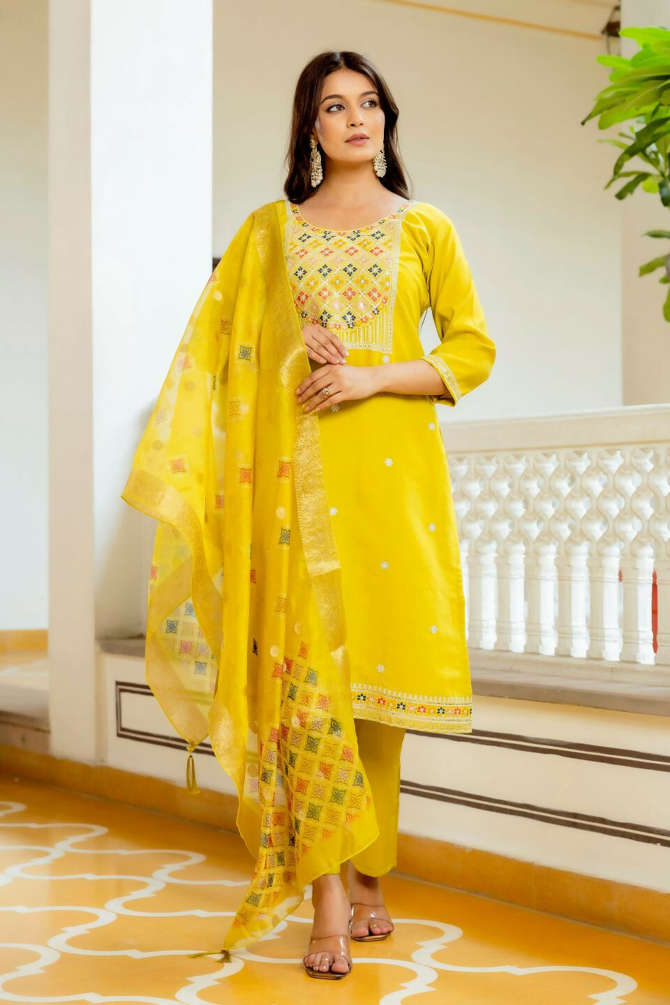 The52 Yellow Women's Beautiful Embroidered Viscose Shimmer Fabric with Straight Kurta, Pant and Dupatta Set