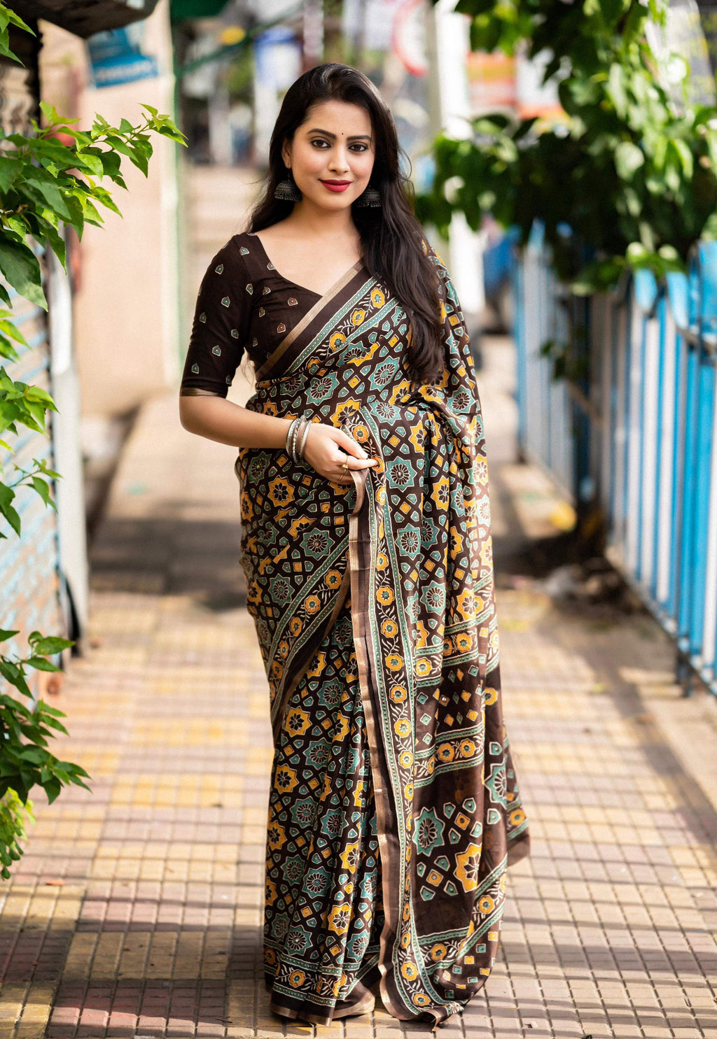 Coffee Cotton Blend Ajrak Saree with Unstitched Blouse - Hiral Fashion