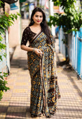 Coffee Cotton Blend Ajrak Saree with Unstitched Blouse - Hiral Fashion