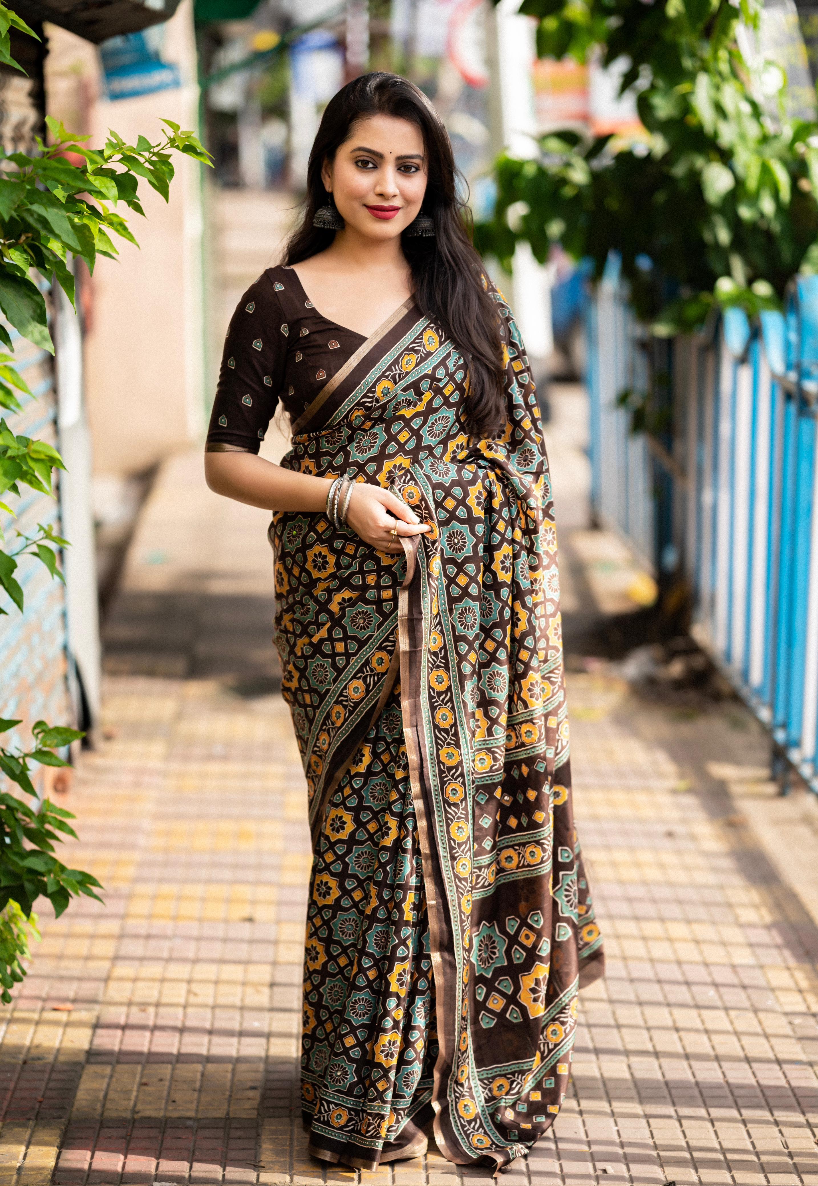 Coffee Cotton Blend Ajrak Saree with Unstitched Blouse - A2M