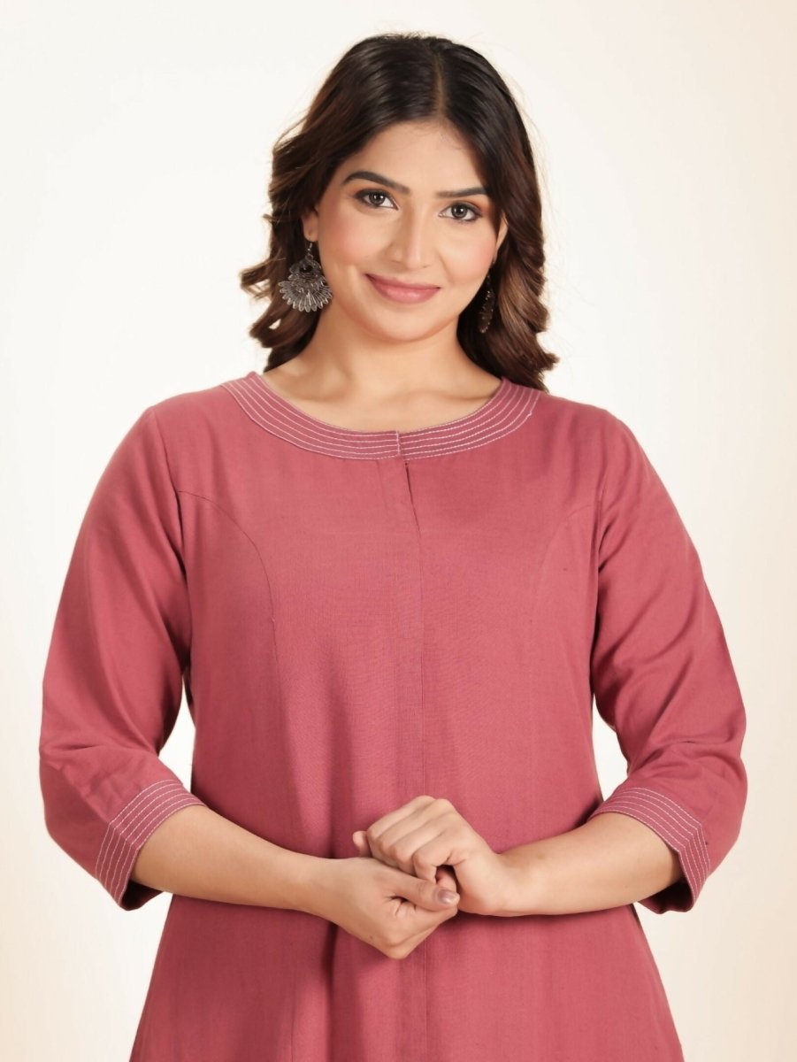 Aramya Pink Linen Cotton Solid A-line Kurta for Women