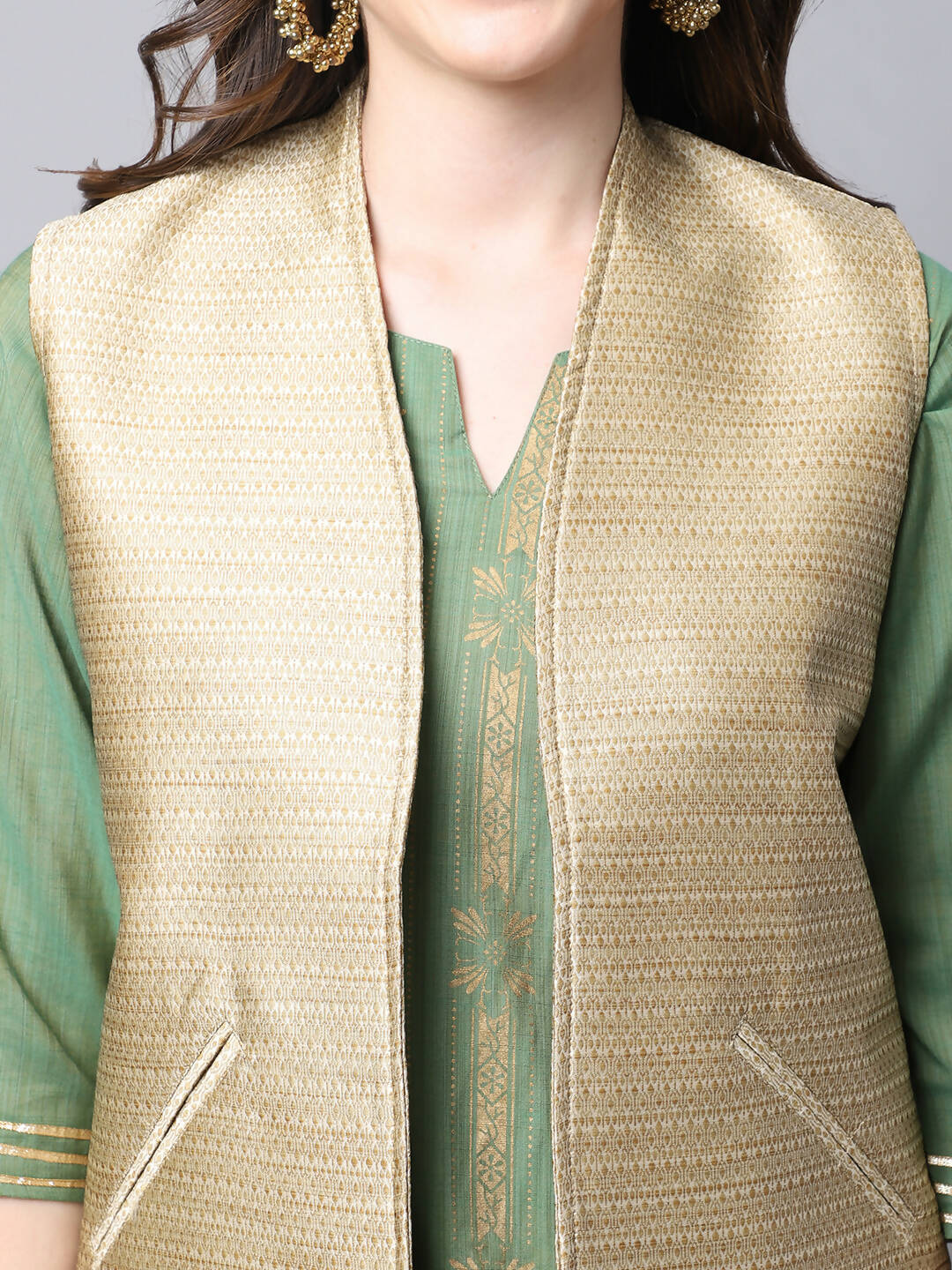 Even Apparels Beige Bansari Silk Open Front Gillet